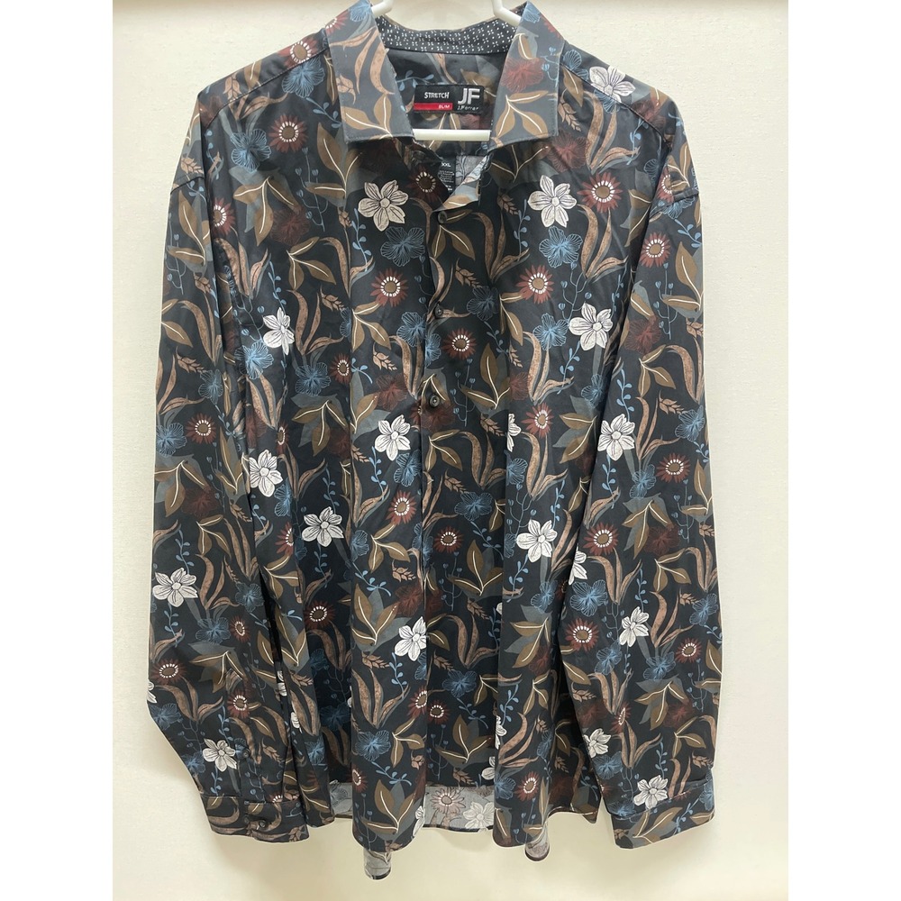 J. Ferrar Mens XXL Slim Fit Floral Button Down Shirt Long Sleeve Stretch Black